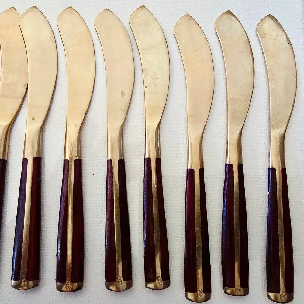 Vintage MCM Jean Claude Style Rosewood Brass Bronze Flatware KNIVES 10pcs READ